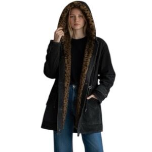 Charles Klein Genuine Leather Hooded Coat M – Faux Fur Lined Parka Jacket Black